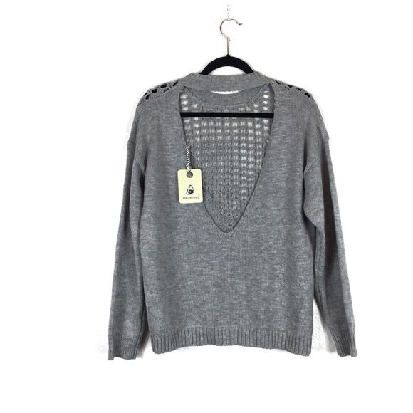 NWT Mika & Gala LF Grey Knit Lightweight Sweater XS Cut Out Deep V Open Back - Picture 10 of 10